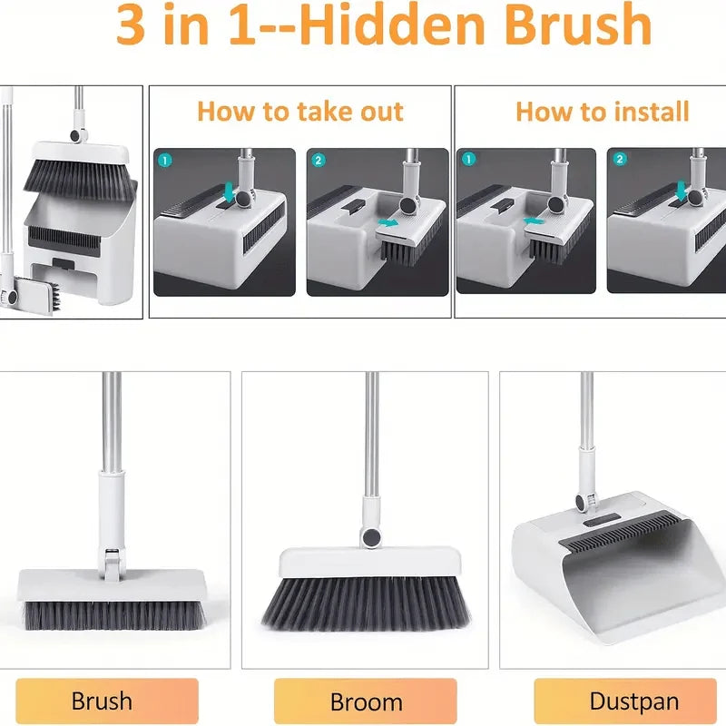 Broom & Dustpan Set Space-Saving Soft Dense Bristles