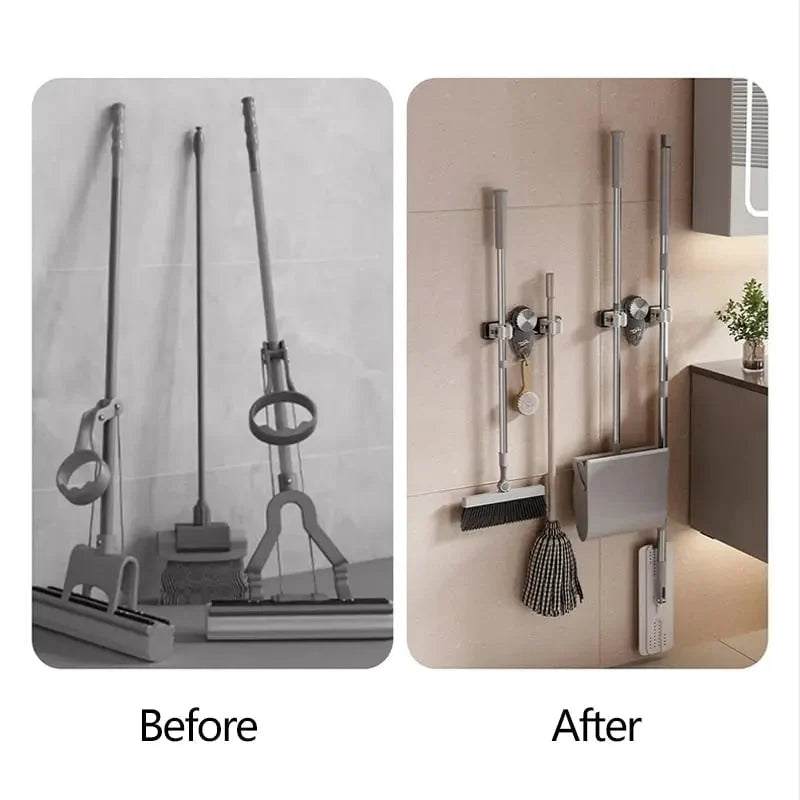 Broom Holder No-Drill Suction Adjustable Angle & Integrated Hooks