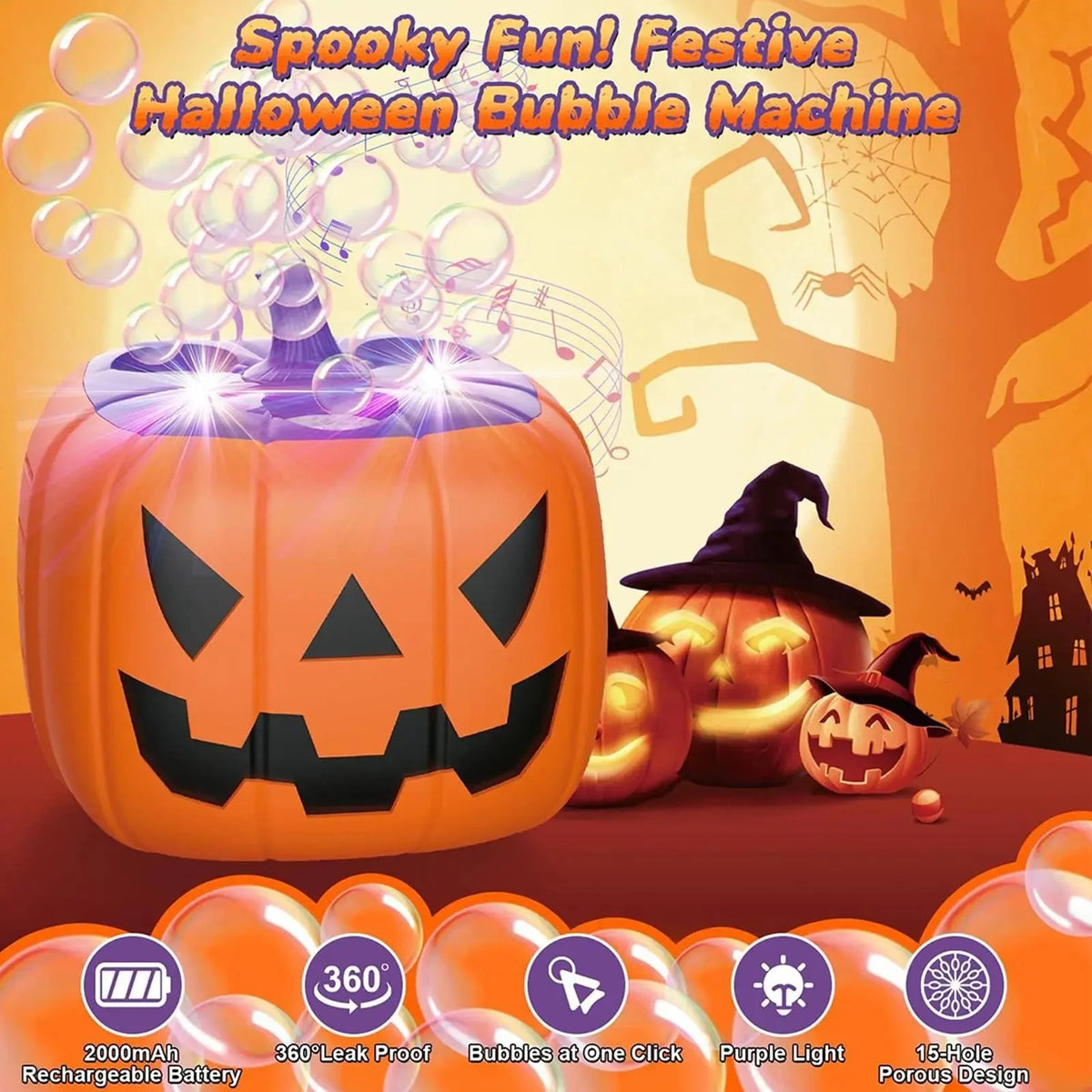 Bubble Machine Pumpkin-Shaped High Output Rechargeable Purple LED