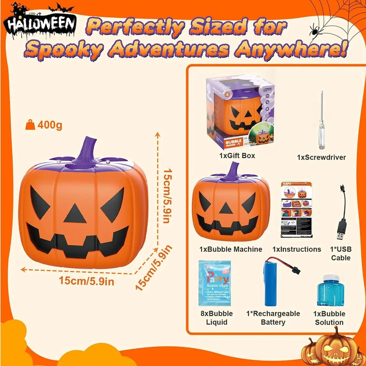 Bubble Machine Pumpkin-Shaped High Output Rechargeable Purple LED
