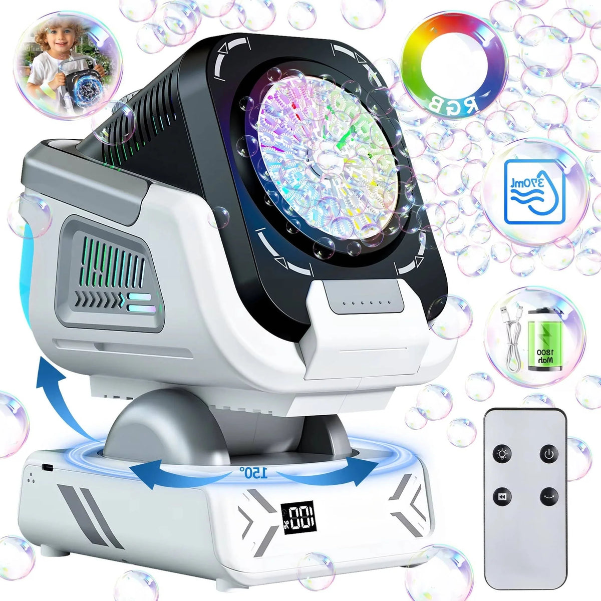 Bubble Machine Rechargeable RGB Lights 30,000 Bubbles Per Minute