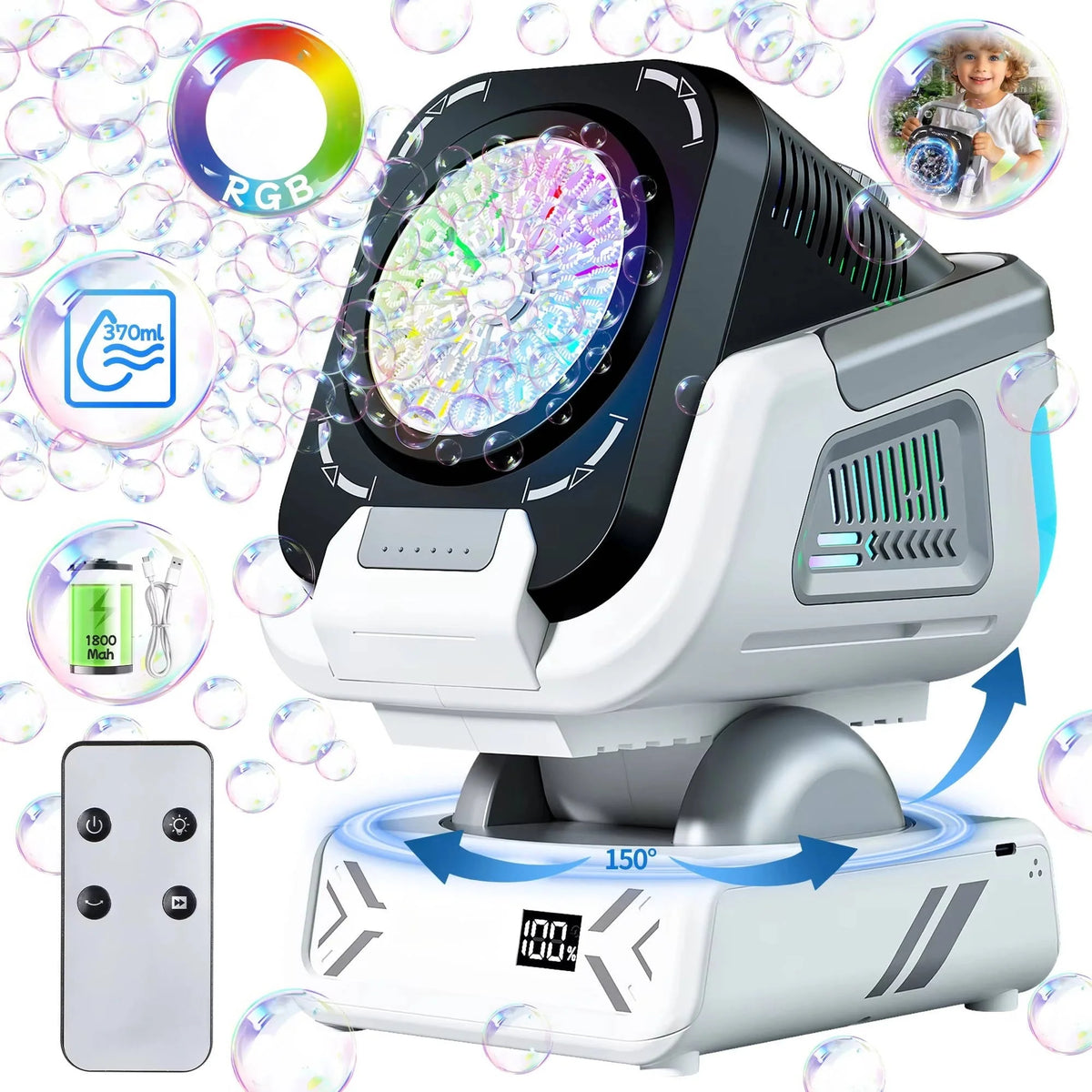 Bubble Machine Rechargeable RGB Lights 30,000 Bubbles Per Minute