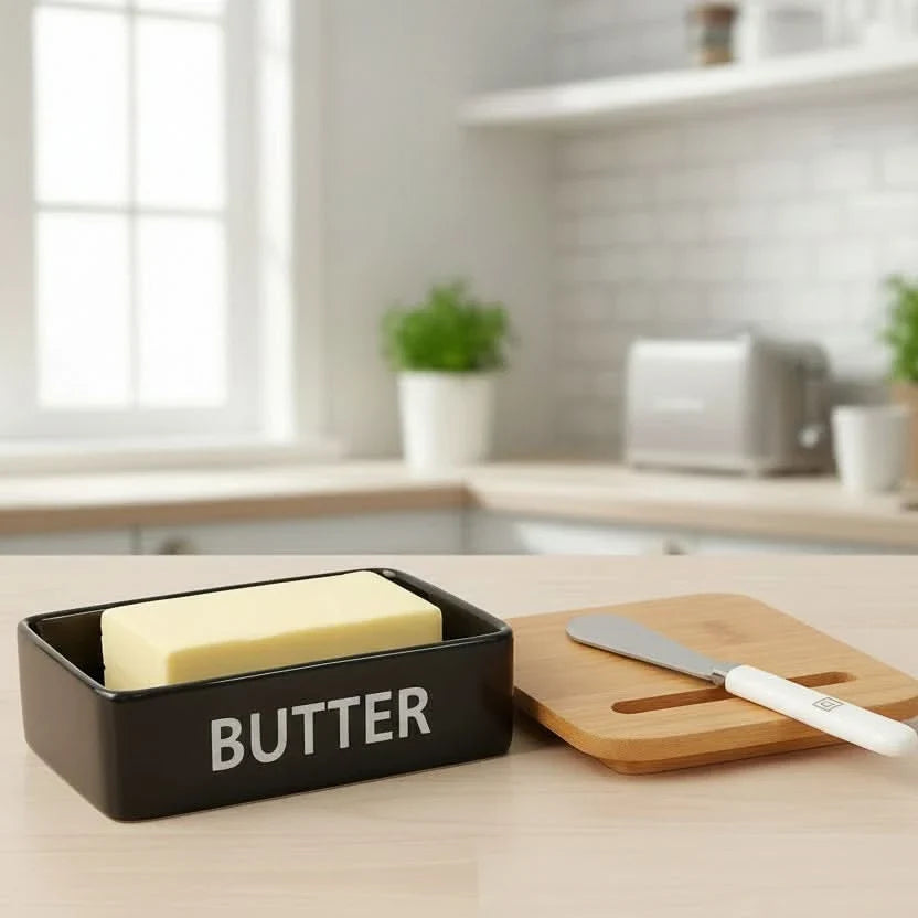 Butter Dish Ceramic & Bamboo Double Silicone Seal