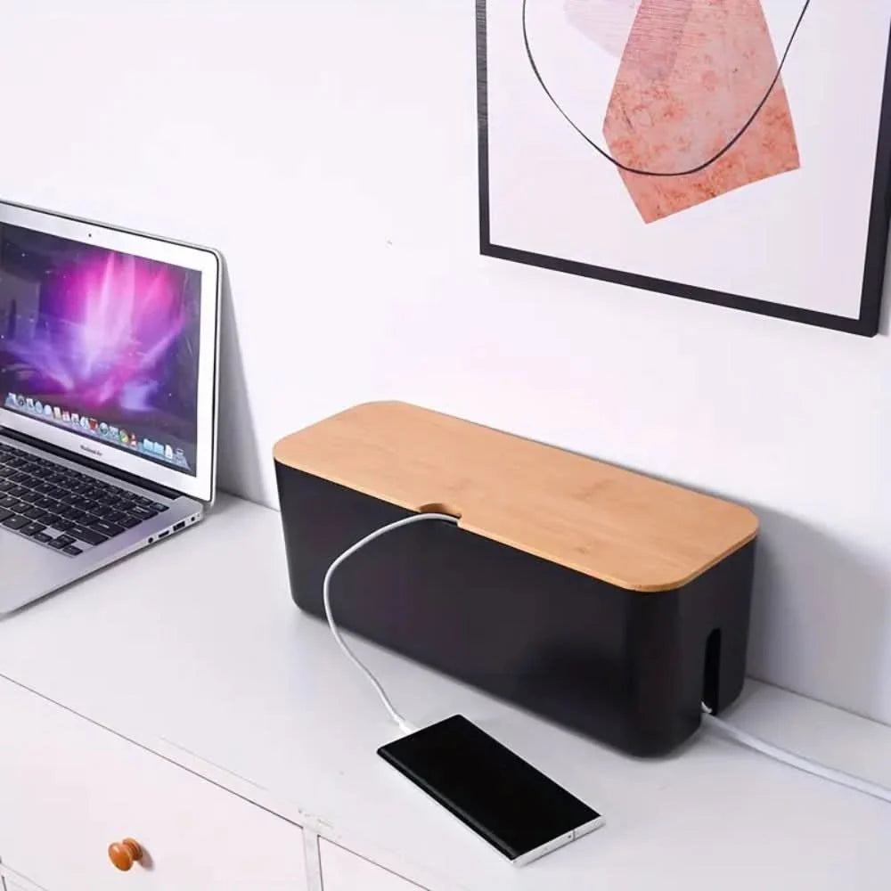Cable Management Box Bamboo Removable Lid Fits Power Strips