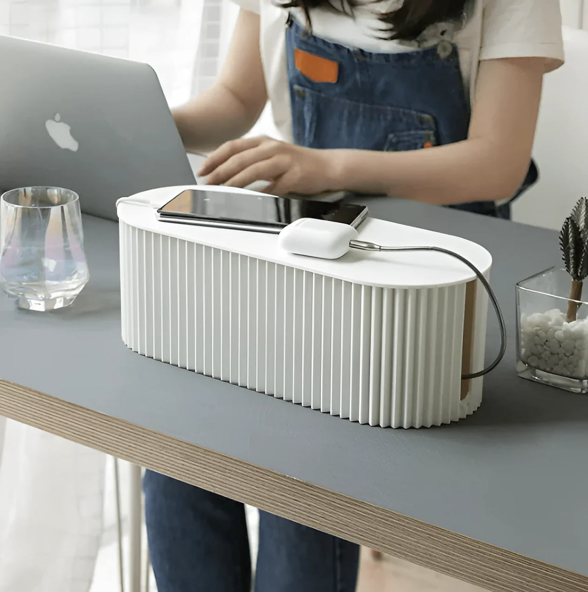 Cable Management Box Ribbed Design & Flat Lid 11x33cm