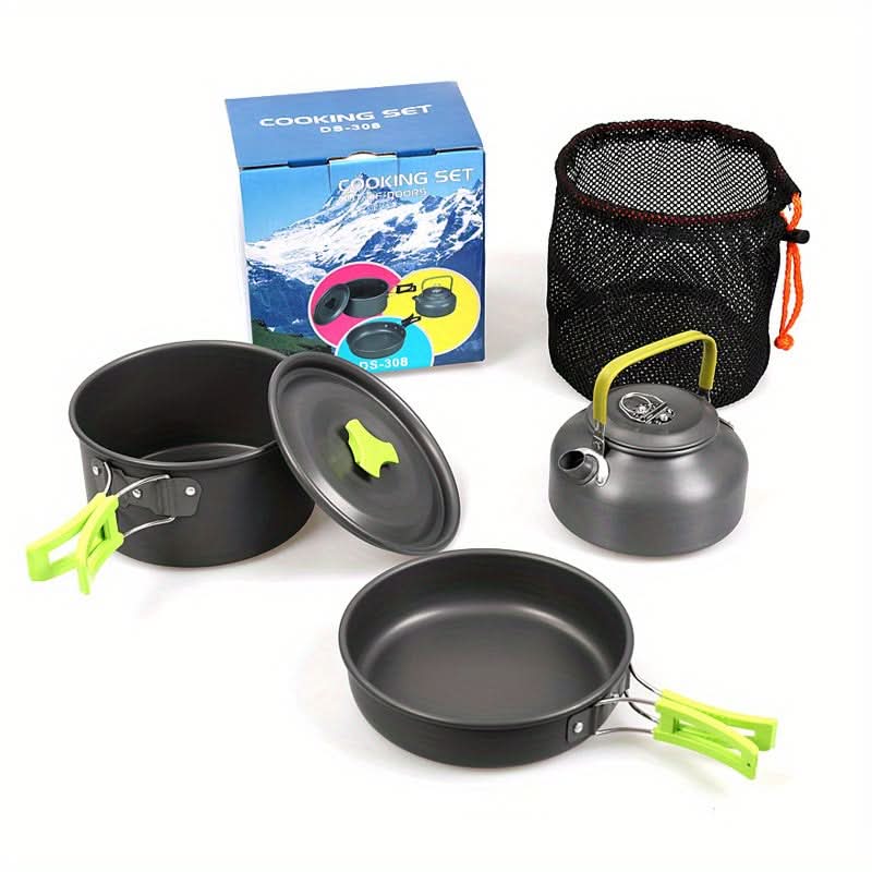 Camping Cookware Set Compact Nestable Aluminum & Heat-Resistant Handles