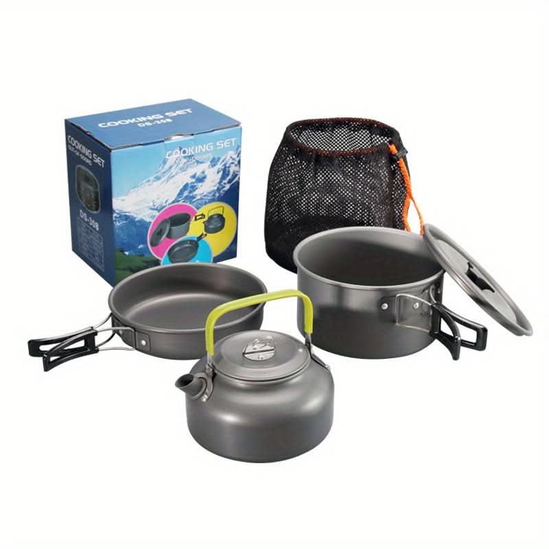 Camping Cookware Set Compact Nestable Aluminum & Heat-Resistant Handles