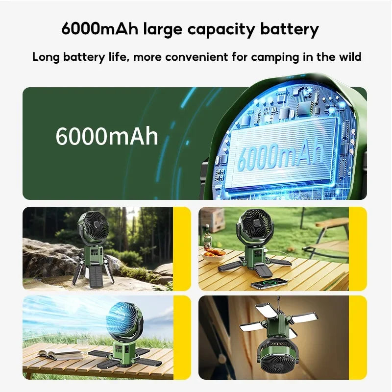 Camping Fan Solar Rechargeable 6000mAh