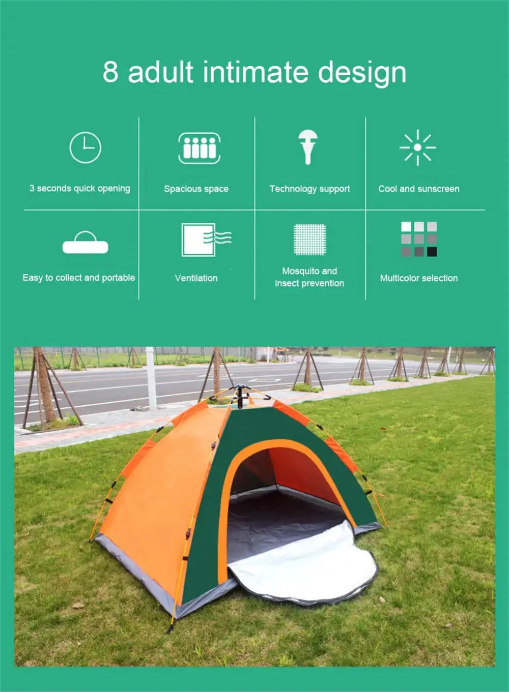 Camping Tent Automatic Pop-Up Full Mosquito Net Aluminum Poles