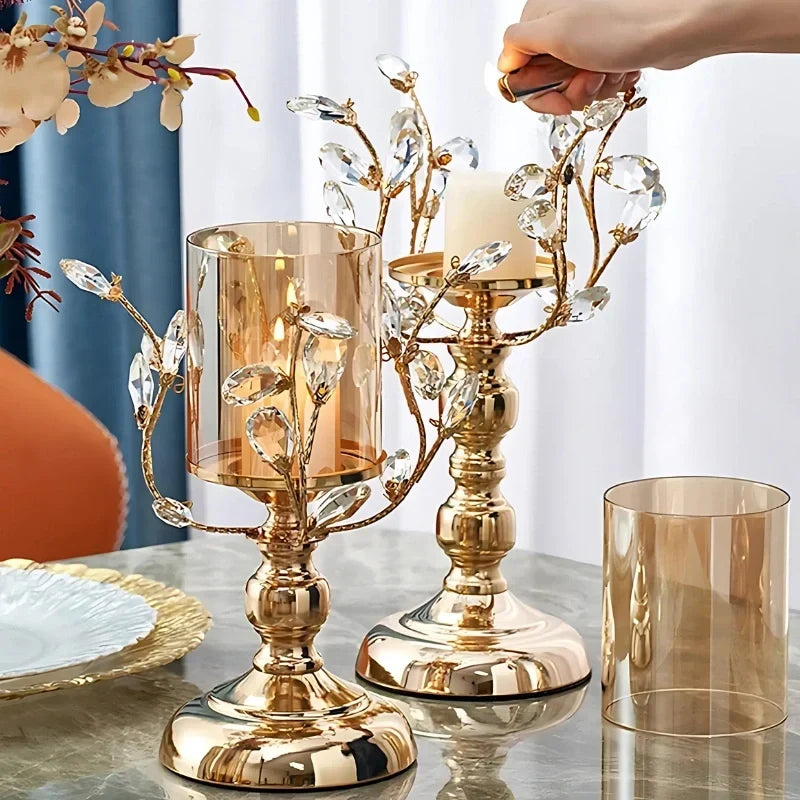Candle Holder Floral Crystal Glass & Iron