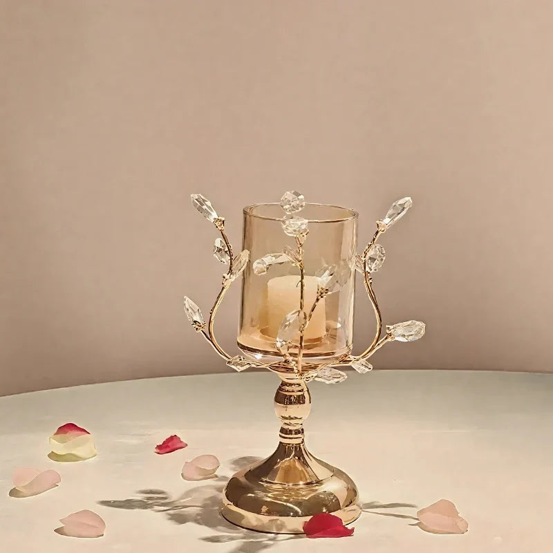 Candle Holder Floral Crystal Glass & Iron