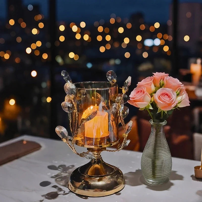 Candle Holder Floral Crystal Glass & Iron