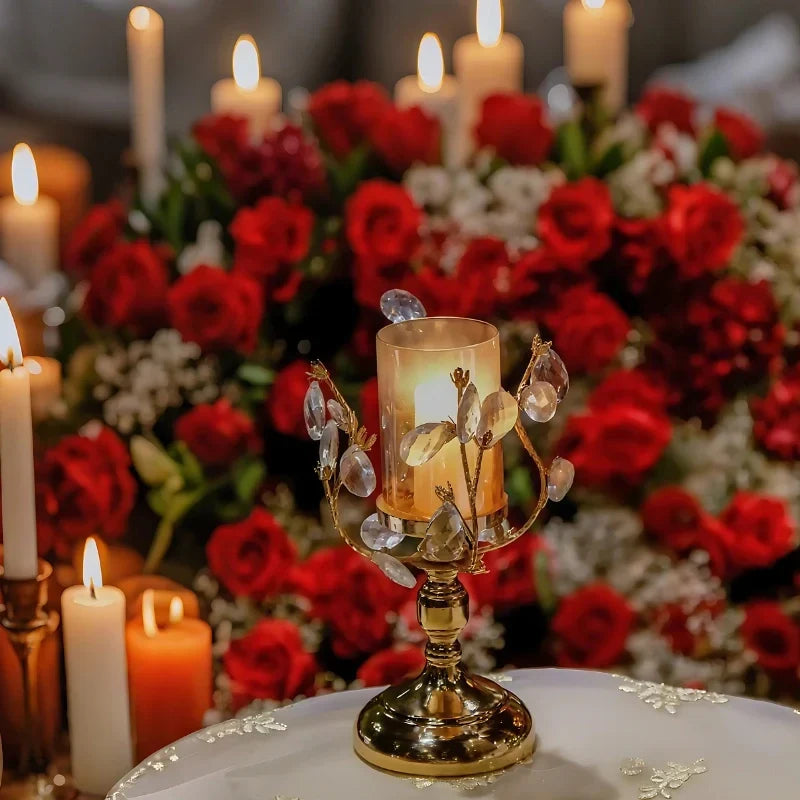 Candle Holder Floral Crystal Glass & Iron