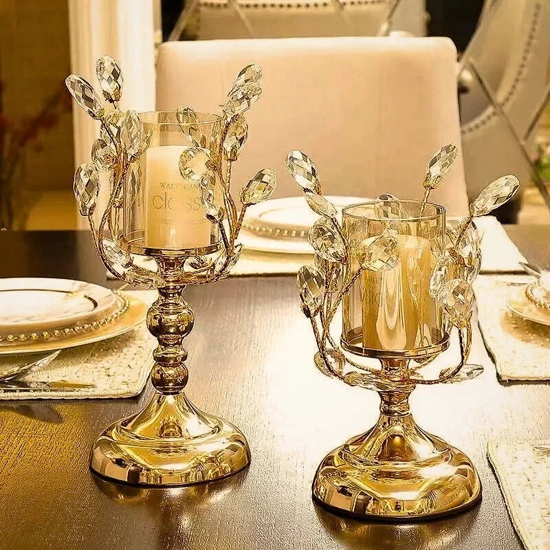 Candle Holder Floral Crystal Glass & Iron