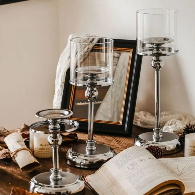 Candle Holder Glass Shade Metal Base Gold & Silver