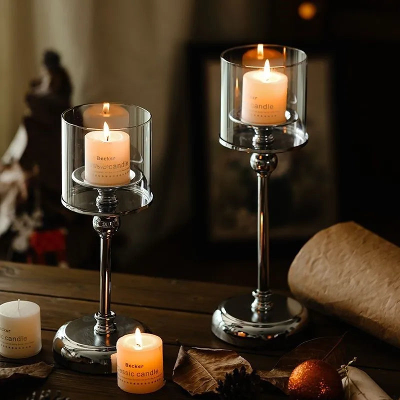Candle Holder Glass Shade Metal Base Gold & Silver
