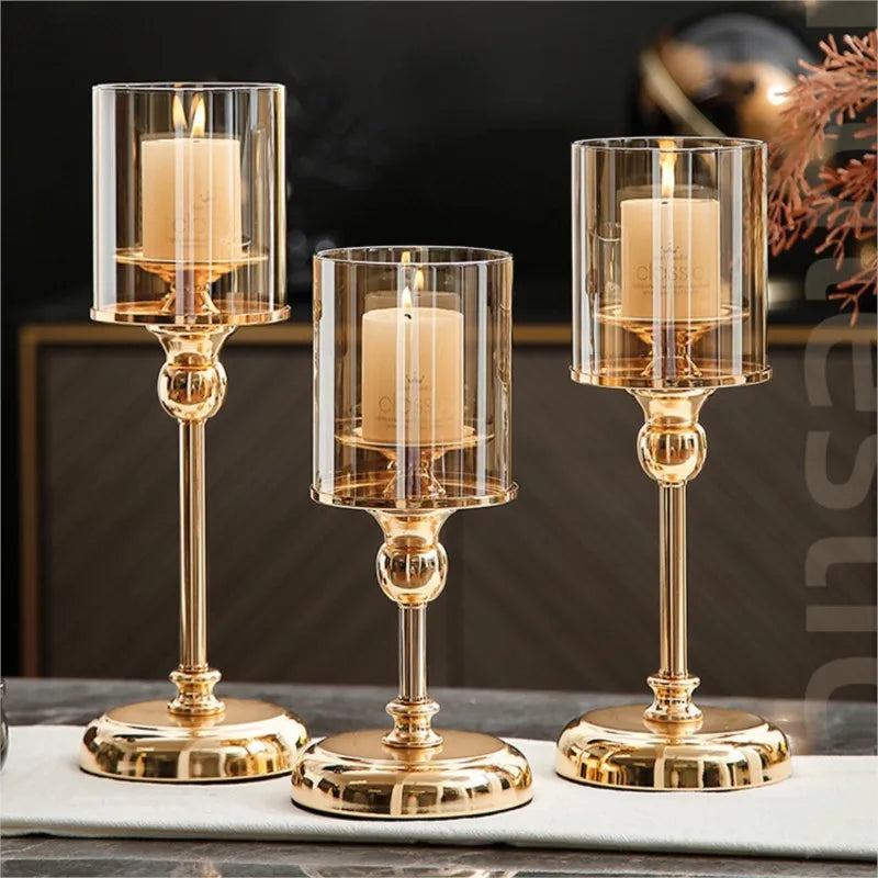 Candle Holder Glass Shade Metal Base Gold & Silver