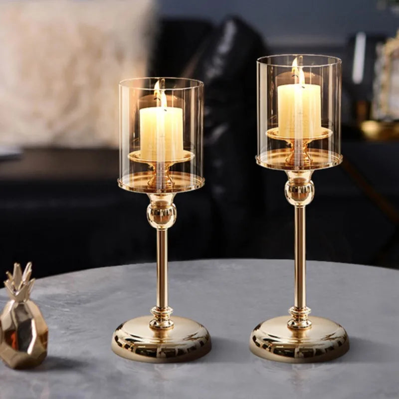 Candle Holder Glass Shade Metal Base Gold & Silver