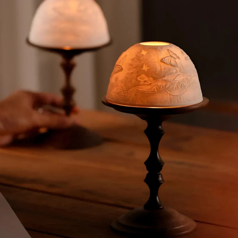 Candle Holder Hand-Carved Porcelain Dome Walnut Wood Base