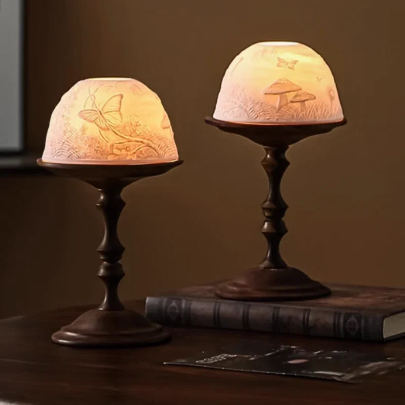 Candle Holder Hand-Carved Porcelain Dome Walnut Wood Base