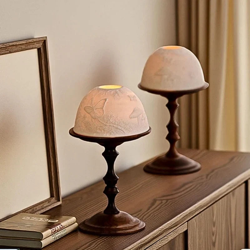 Candle Holder Hand-Carved Porcelain Dome Walnut Wood Base