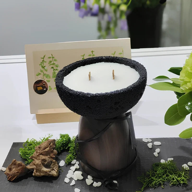 Candle Holder Handcrafted Textured Cement & Wood