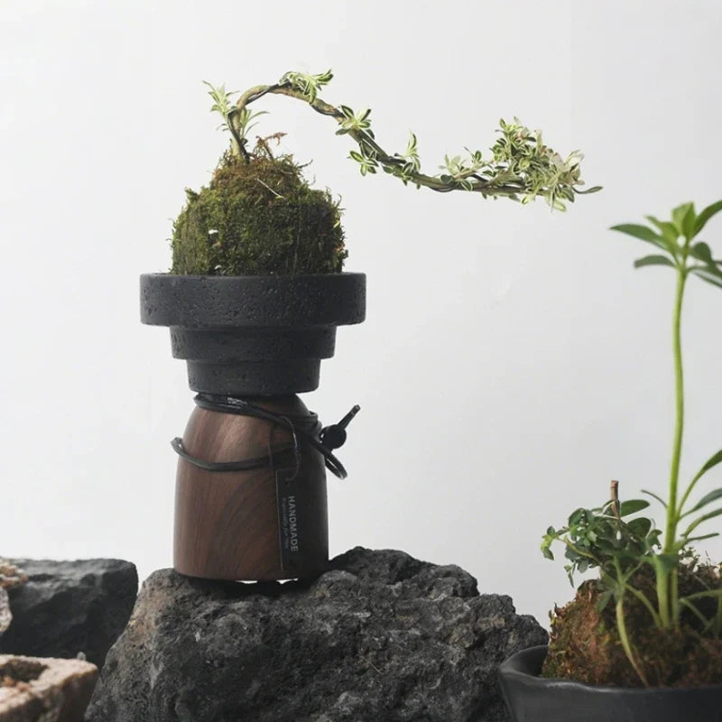 Candle Holder Handcrafted Textured Cement & Wood