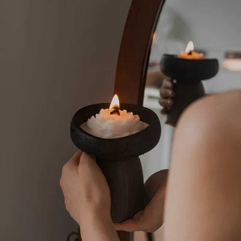 Candle Holder Handcrafted Textured Cement & Wood