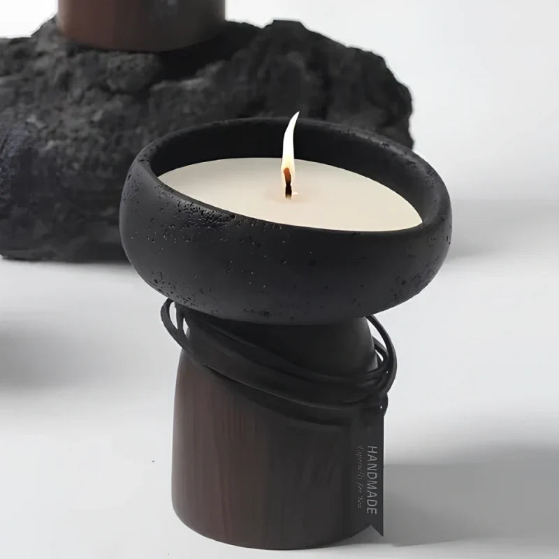 Candle Holder Handcrafted Textured Cement & Wood