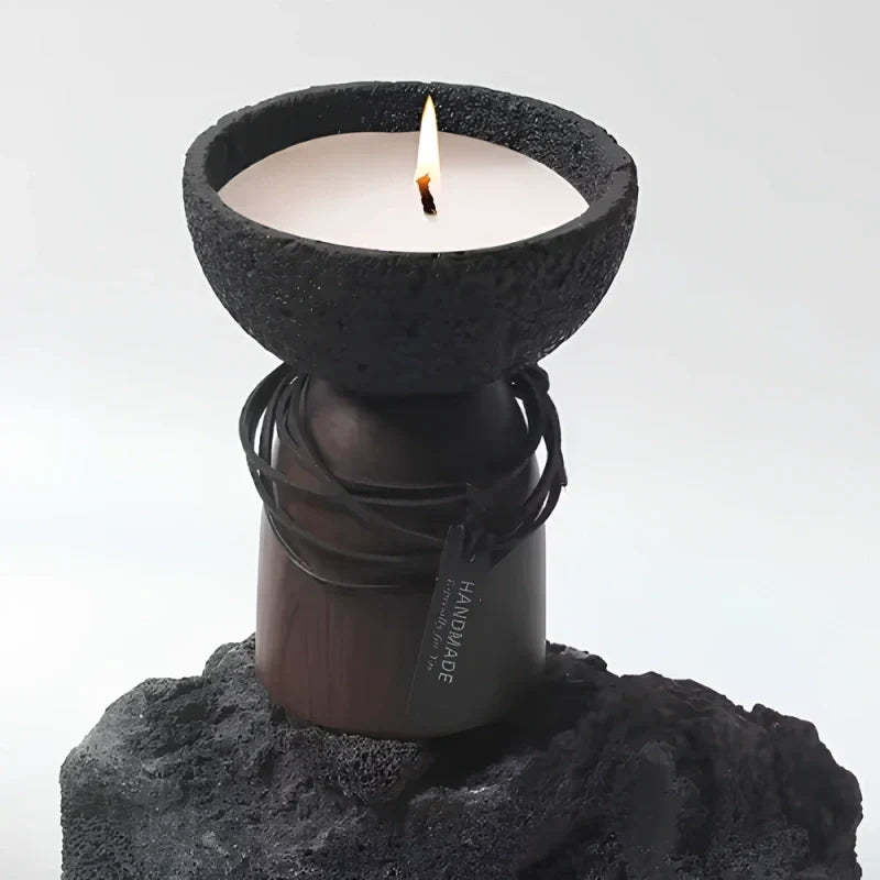 Candle Holder Handcrafted Textured Cement & Wood