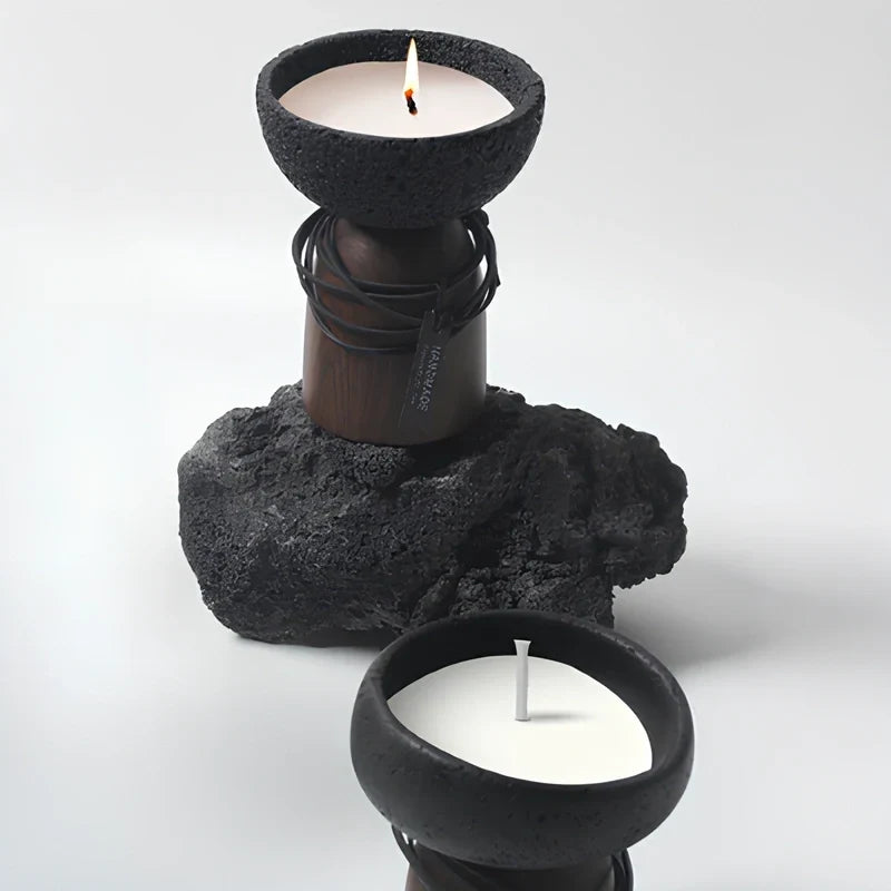 Candle Holder Handcrafted Textured Cement & Wood