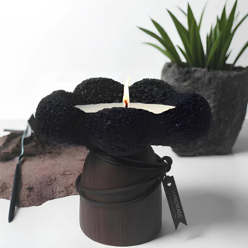 Candle Holder Handcrafted Textured Cement & Wood