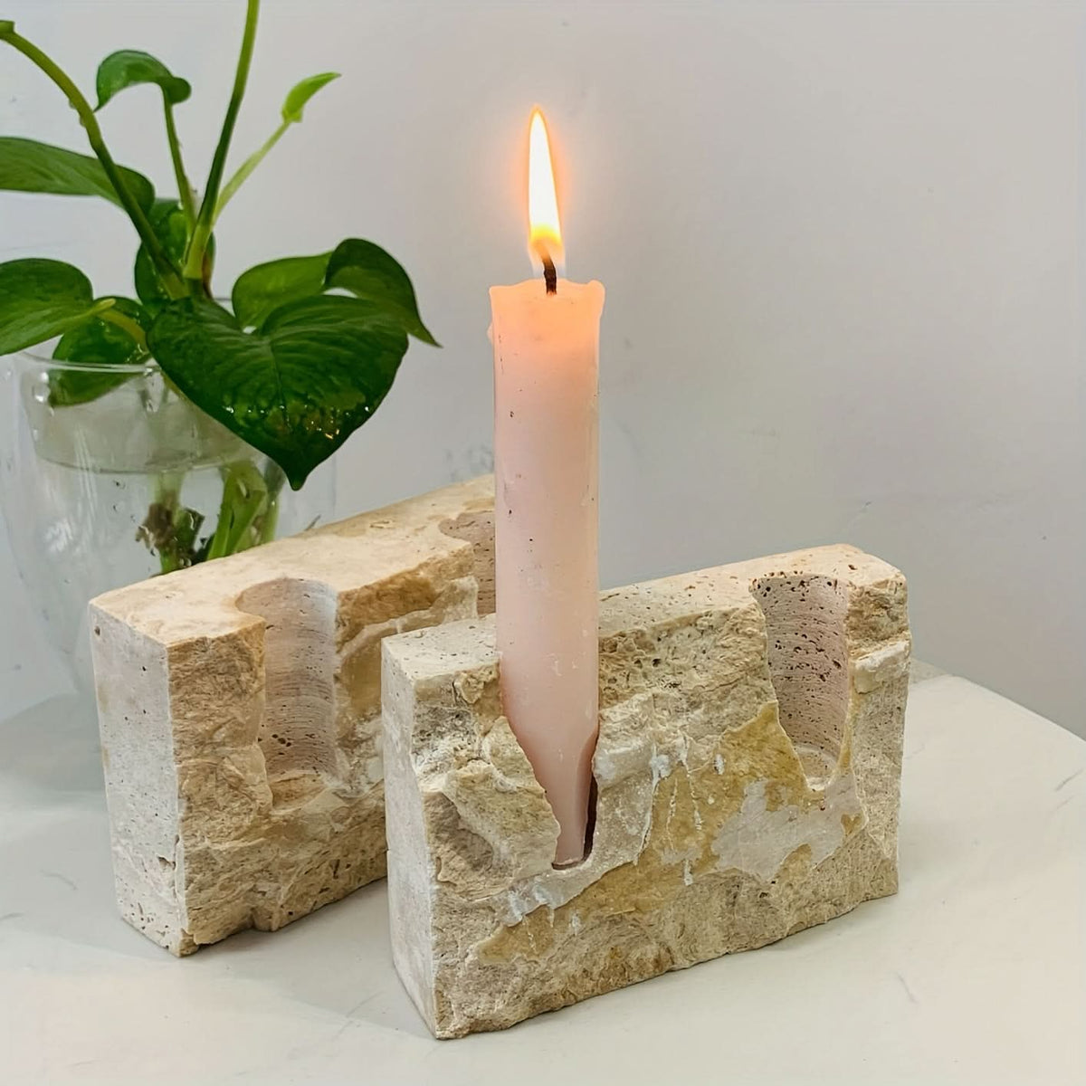 Candle Holder Rectangular Marble Look Two-Hole