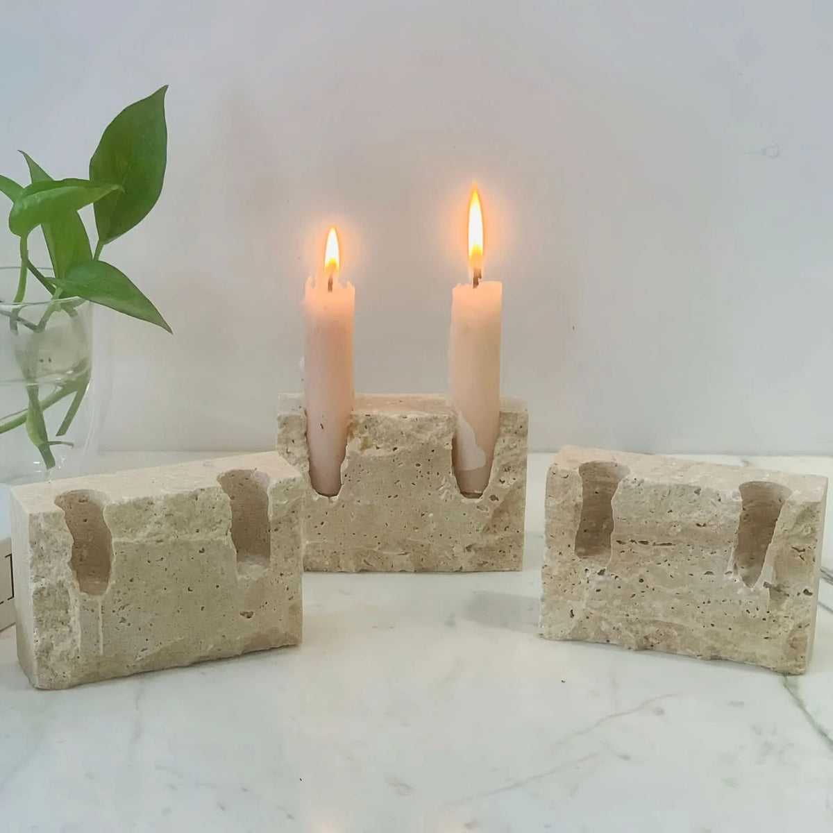 Candle Holder Rectangular Marble Look Two-Hole