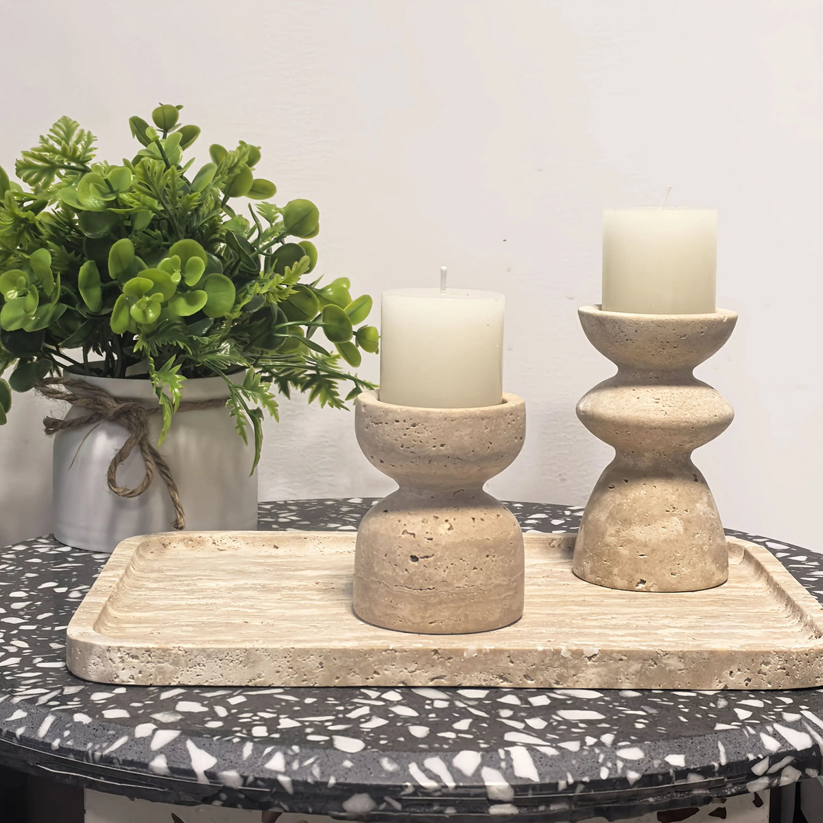 Candle Holder Set Polished Marble & Travertine Varying Heights