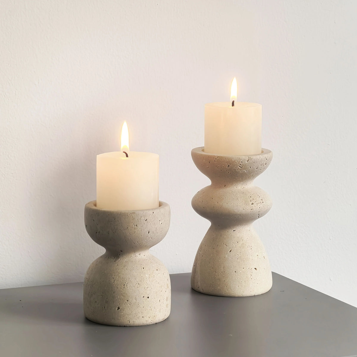Candle Holder Set Polished Marble & Travertine Varying Heights