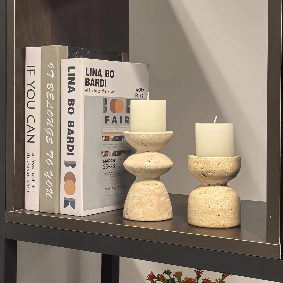 Candle Holder Set Polished Marble & Travertine Varying Heights