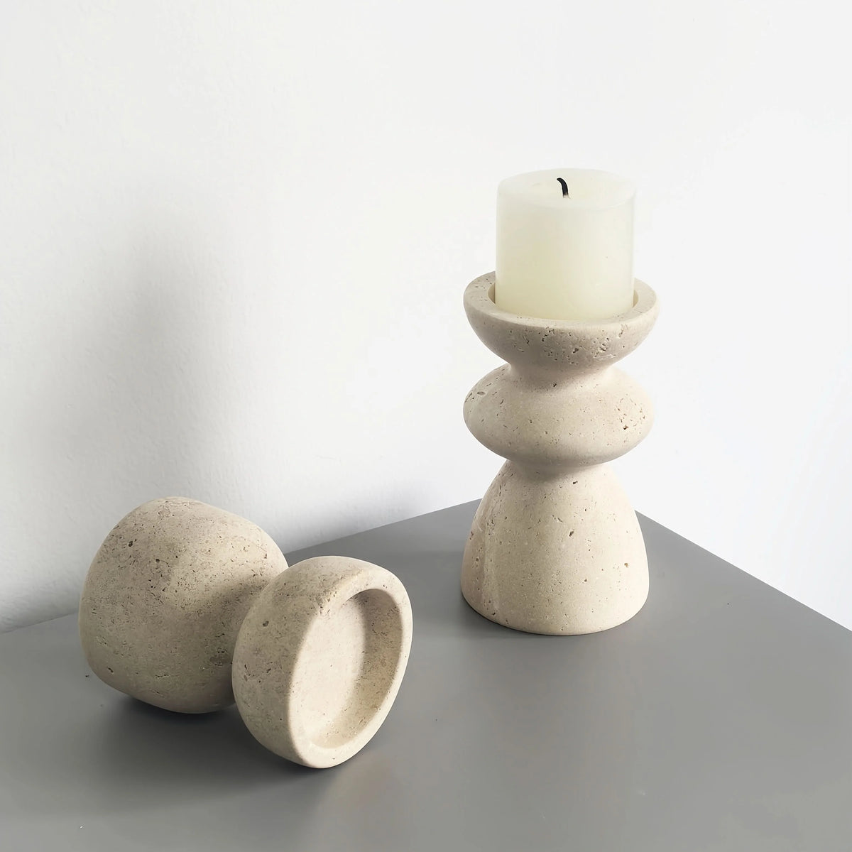 Candle Holder Set Polished Marble & Travertine Varying Heights