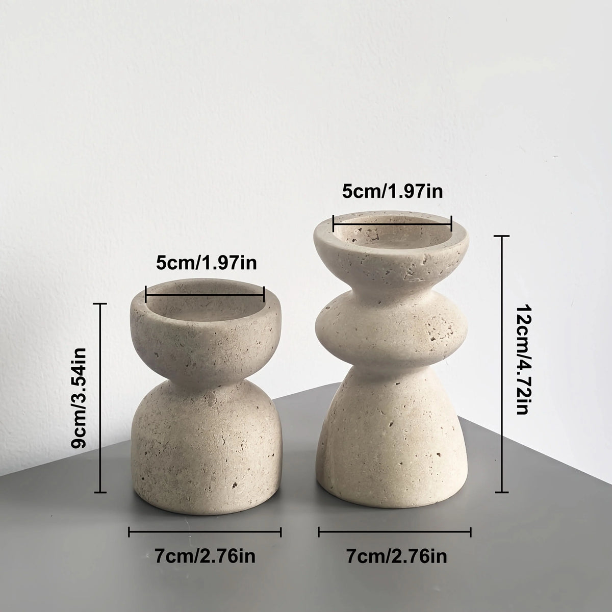 Candle Holder Set Polished Marble & Travertine Varying Heights