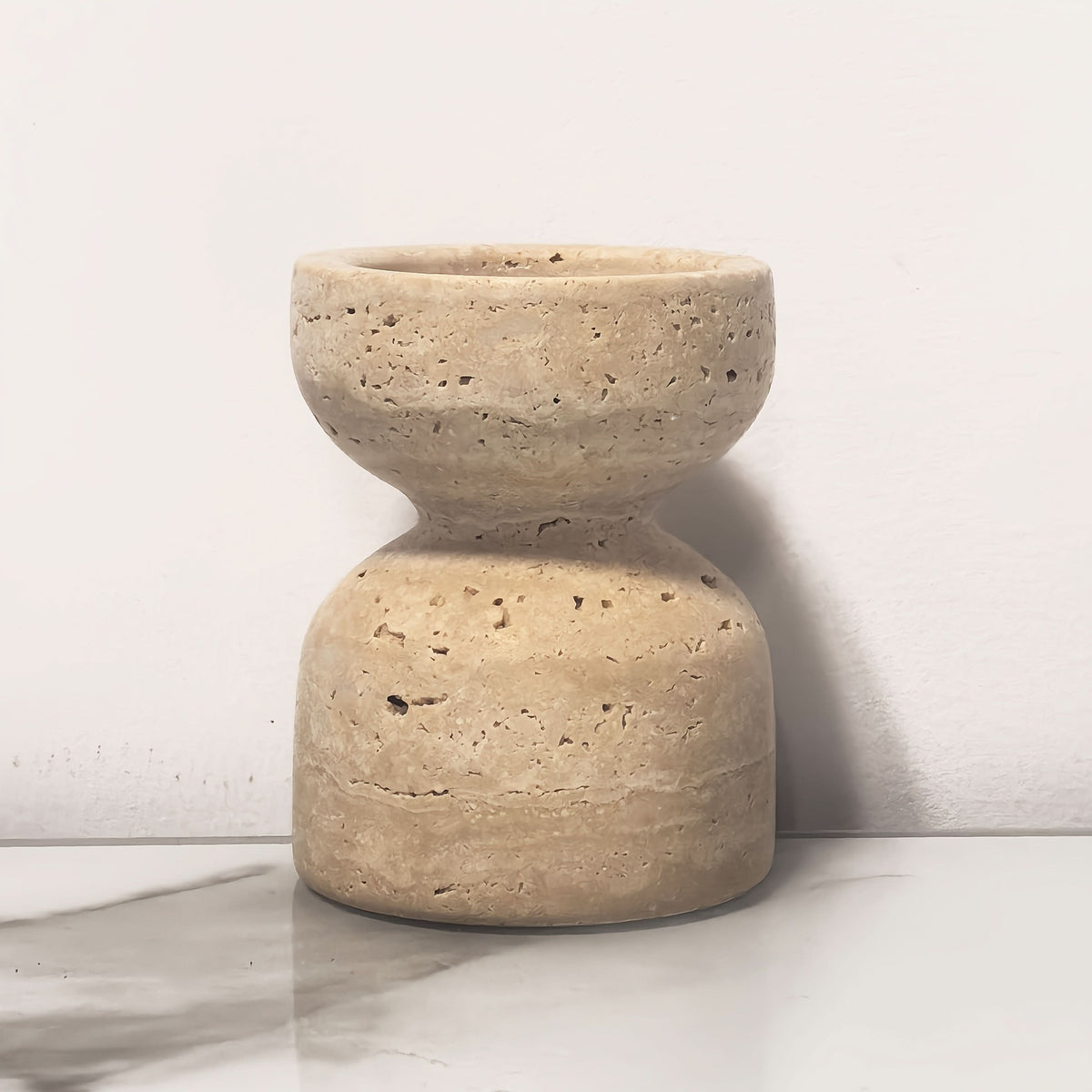 Candle Holder Set Polished Marble & Travertine Varying Heights