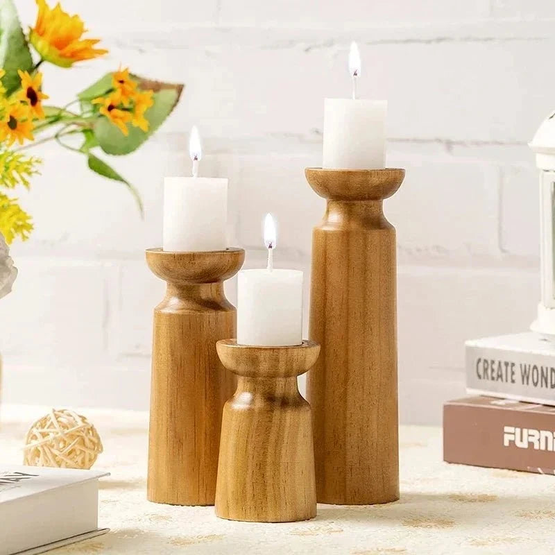 Candle Holder Set Turned Wood Varied Heights