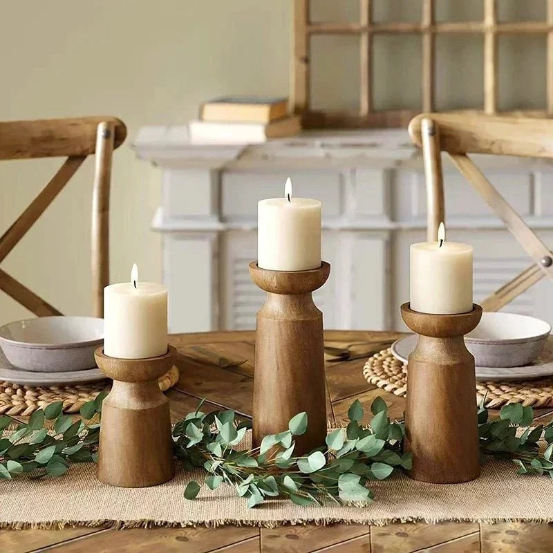 Candle Holder Set Turned Wood Varied Heights
