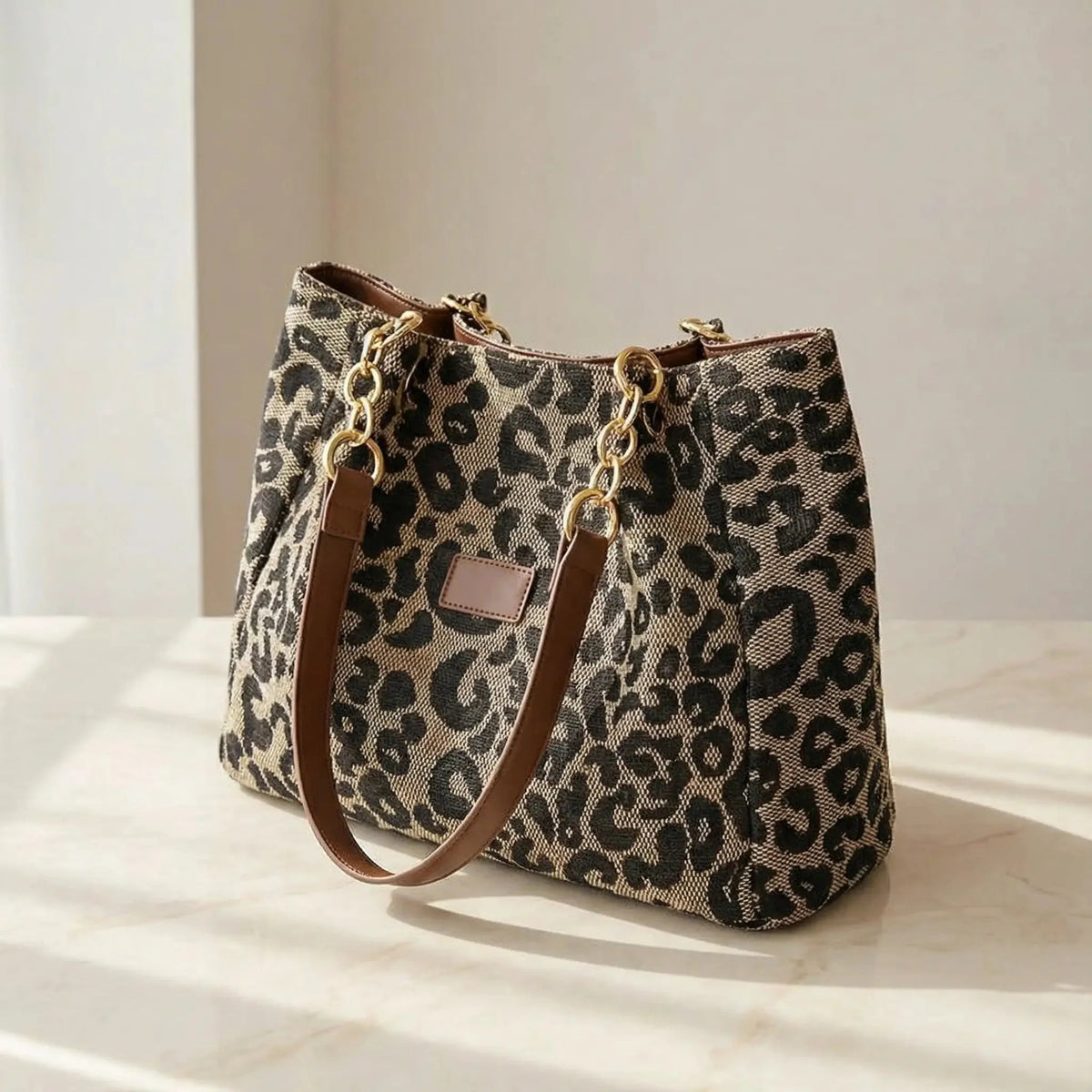 Canvas Tote Bag Leopard Print & Gold Chain Handles