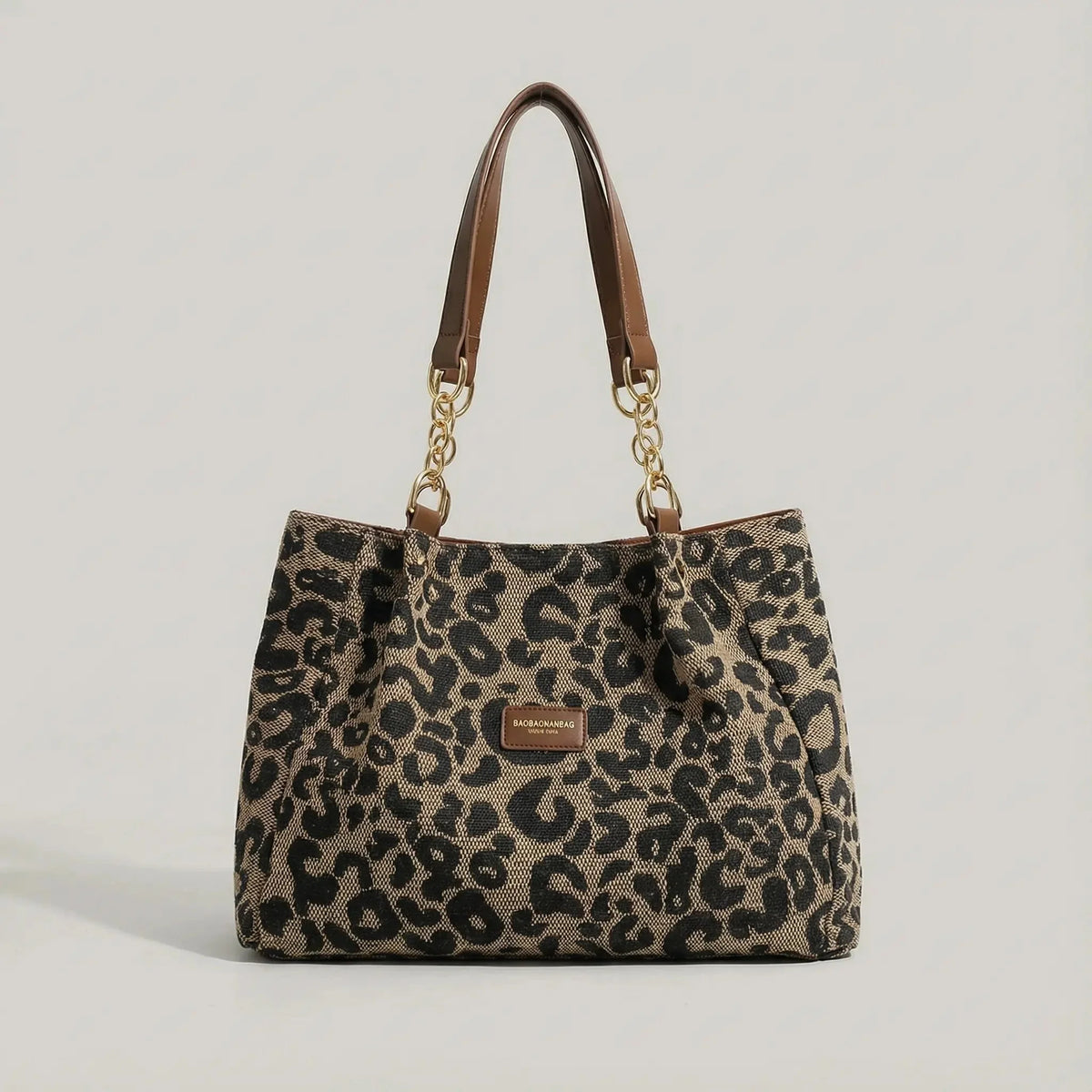 Canvas Tote Bag Leopard Print & Gold Chain Handles
