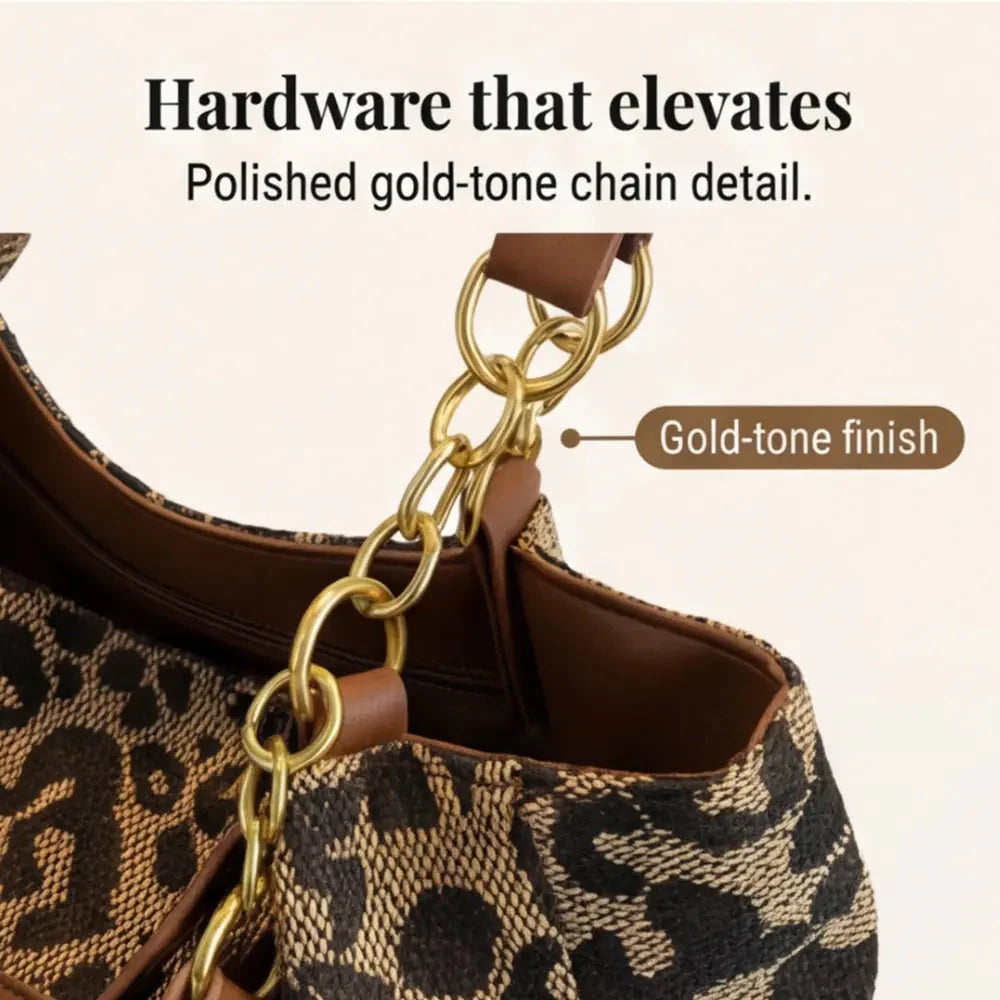 Canvas Tote Bag Leopard Print & Gold Chain Handles