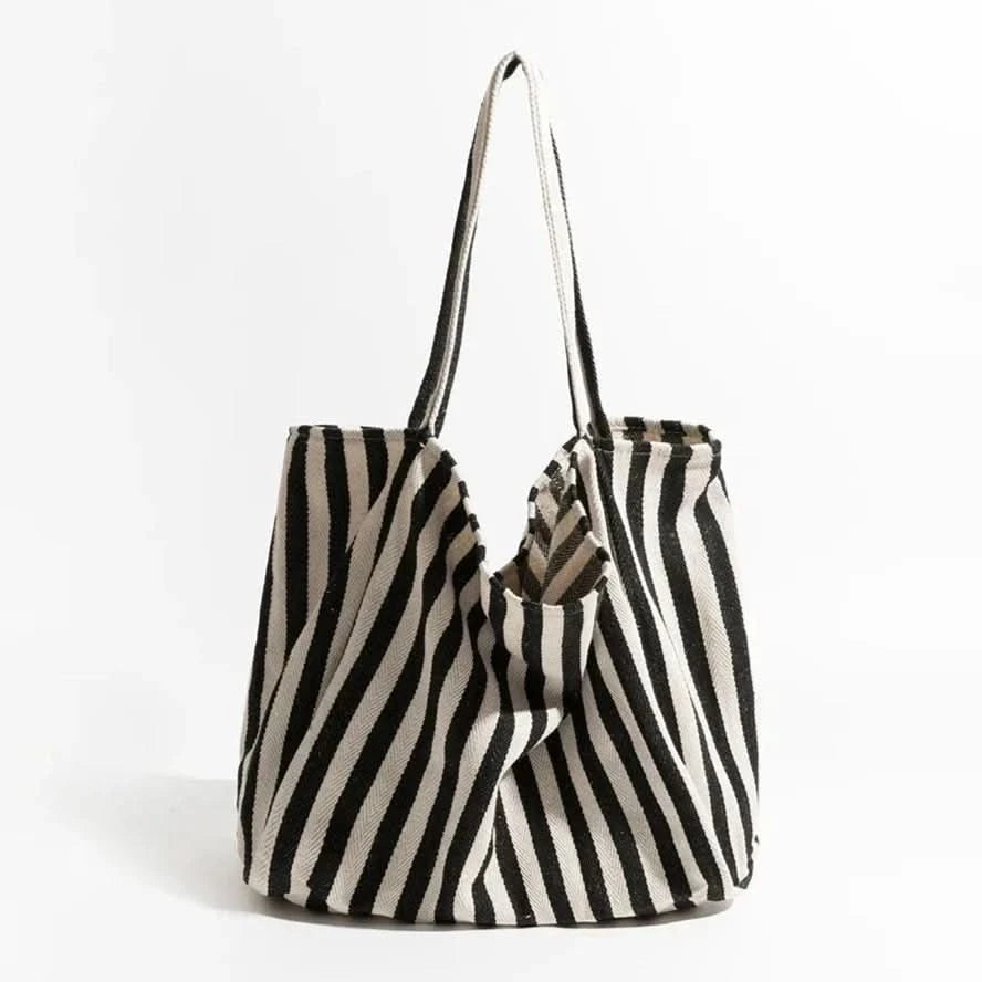 Canvas Tote Bag Striped Spacious Long Handles