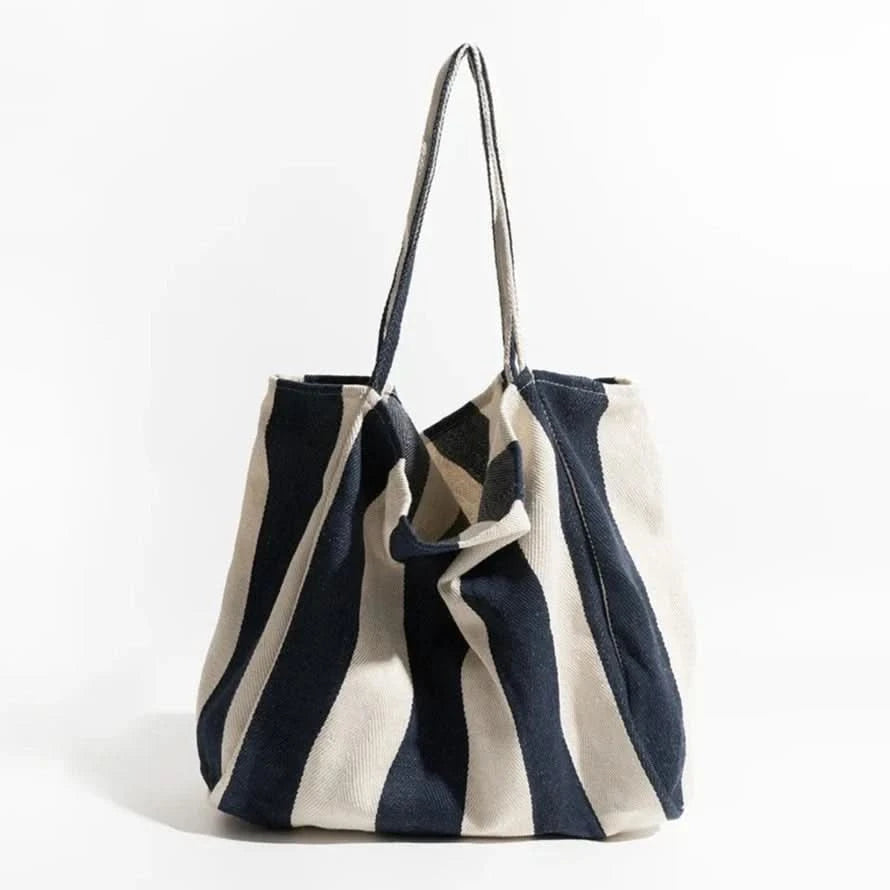 Canvas Tote Bag Striped Spacious Long Handles