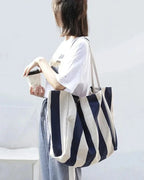 Canvas Tote Bag Striped Spacious Long Handles