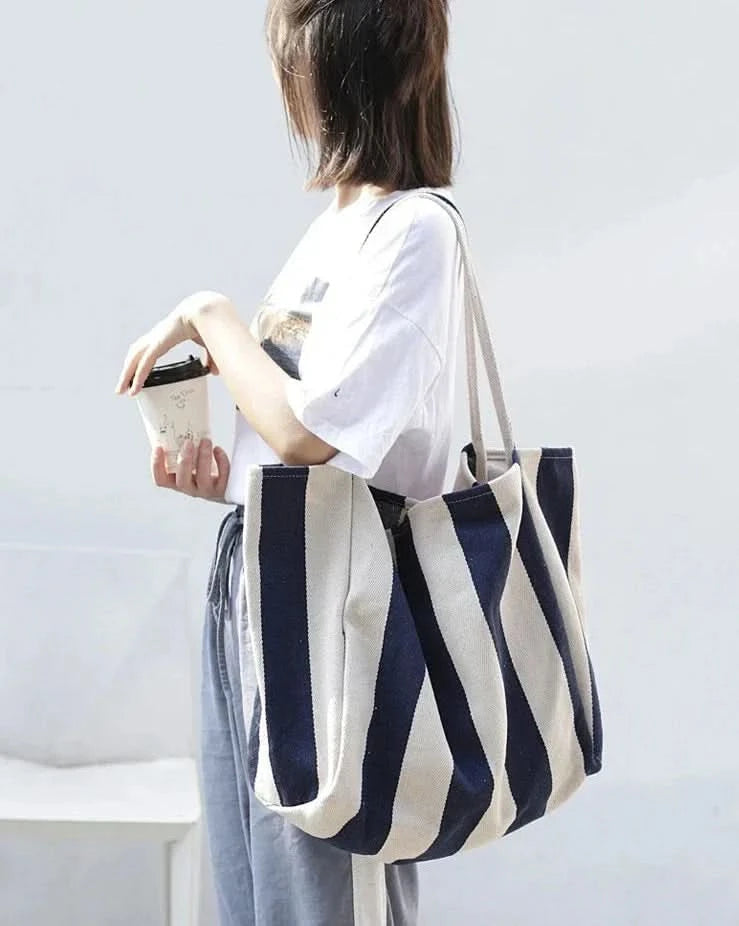 Canvas Tote Bag Striped Spacious Long Handles