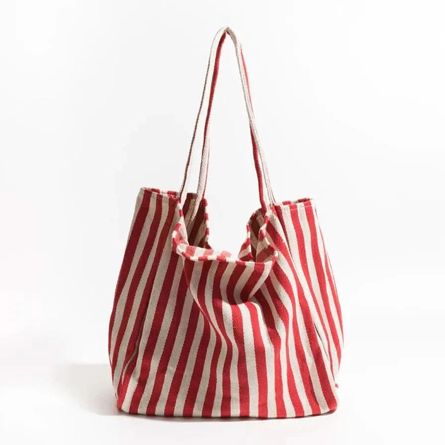 Canvas Tote Bag Striped Spacious Long Handles
